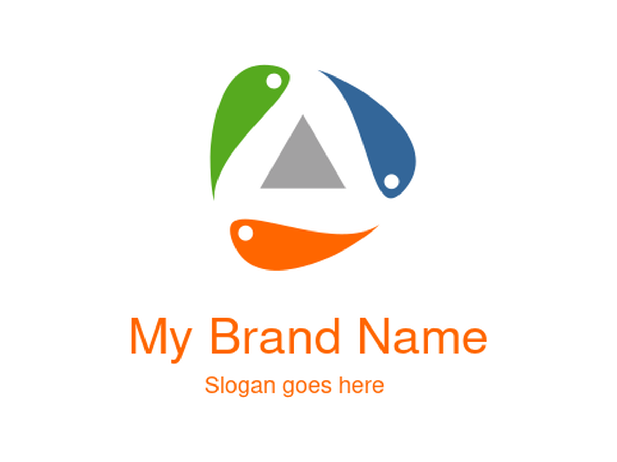 Abstract Tri-Color Swirl Letter A Logo - Modern Interconnected Design with Green, Blue, and Orange Petals Orbiting a Central Grey Triangle, Ideal for Collaboration, Sustainability, or Holistic Solutions.